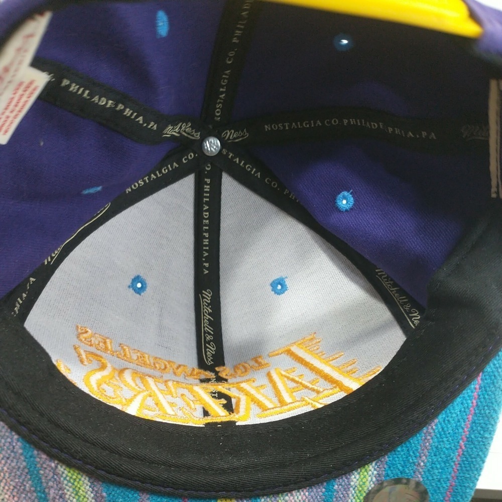 Mitchell & Ness Los Angeles Lakers Snapback Hat Purple Striped Brim NBA Mens - Picture 12 of 12